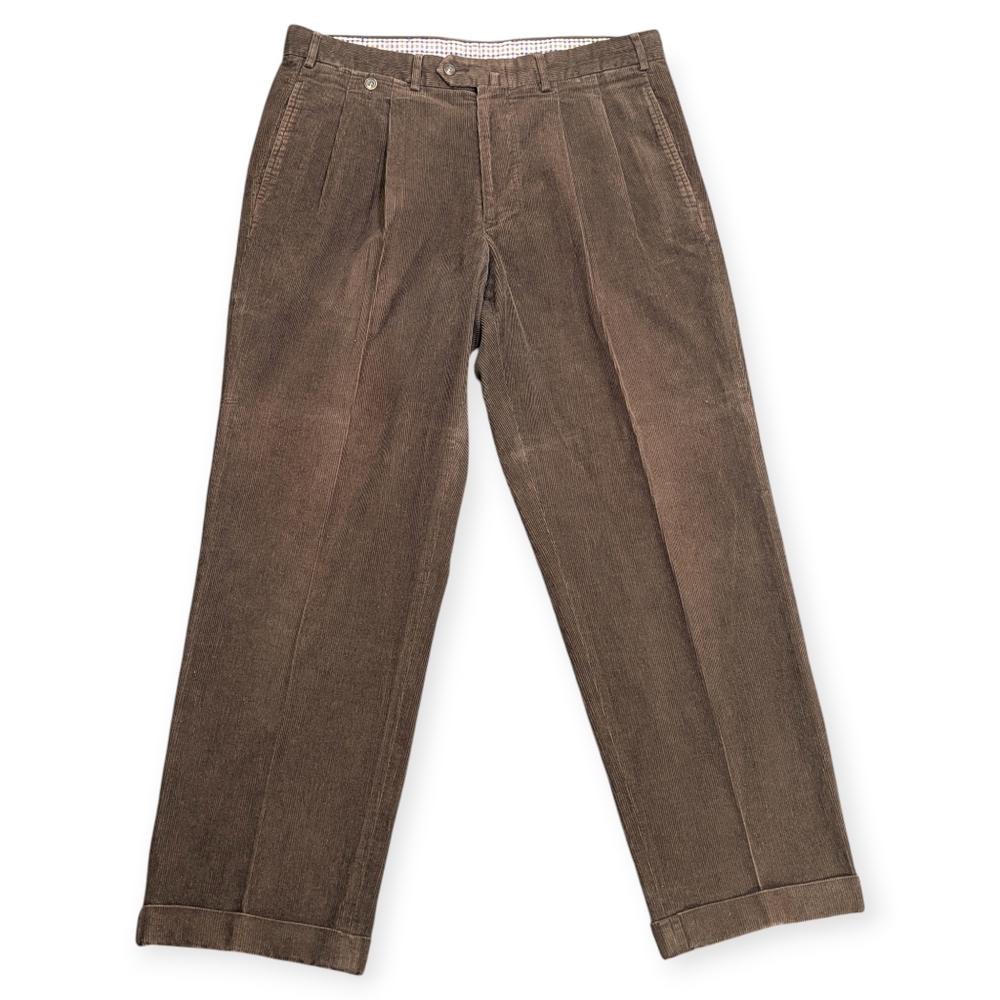 Façonnable Men's Pleaded Corduroy Brown Cuffed Pants Size 36x30 Preppy Office